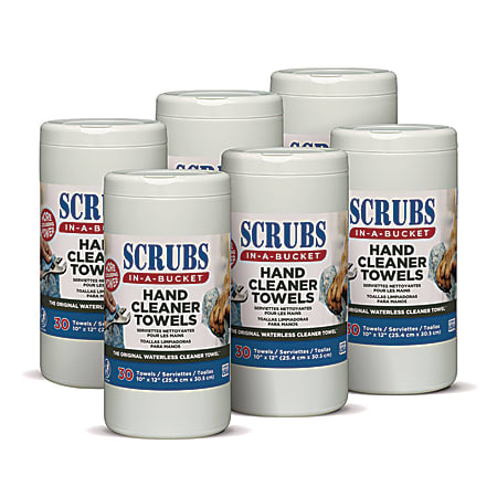 SCRUBS® Hand Cleaner Towels, 1-Ply, 10 x 12, Citrus, Blue/White, 30/Canister, 6/Carton