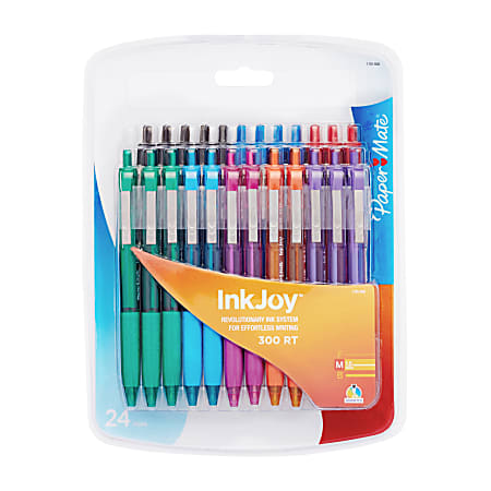 Paper Mate® InkJoy™ 300 RT Retractable Pens, Medium Point, 1.0 mm, Clear Barrels, Assorted Ink Colors, Pack Of 24