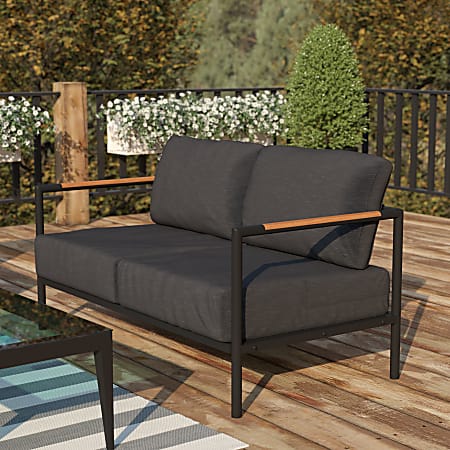 Flash Furniture Lea Indoor/Outdoor Patio Loveseat With Teak Accent Arms, Charcoal/Black