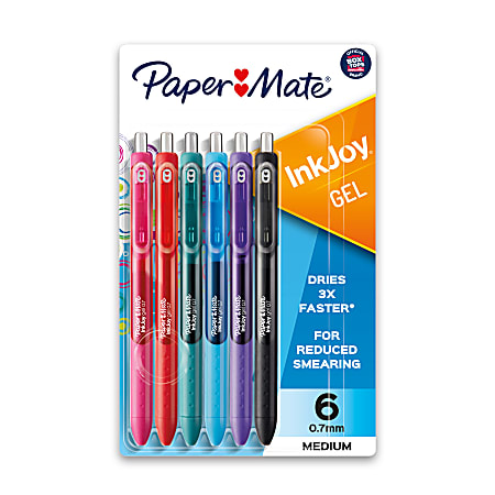 Paper Mate® InkJoy™ Retractable Gel Pens, Fine Point, 0.5 mm, Black Barrels, Assorted Ink Colors, Pack Of 6
