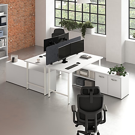 Bush Business Furniture Hustle 2 Person Computer Desk with Low Storage Cabinets, Power Grommets, and Privacy Screen, White, Standard Delivery Service
