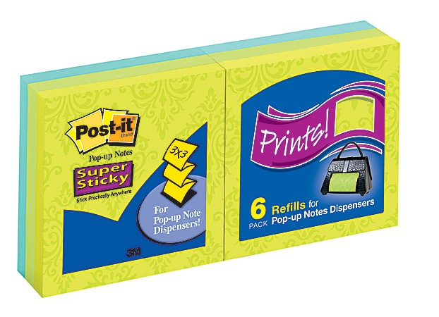 Post-it® Super Sticky Pop-up Notes, Samba Color, 3" x 3", 90 Sheets Per Pad, Pack Of 6 Pads