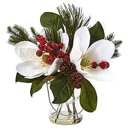 Nearly Natural 12”H Magnolia, Pine And Berry Holiday Arrangement In Glass Vase, 12”H x 13”W x 11”D, Clear/White