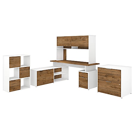 Bush Business Furniture Jamestown 72"W L-Shaped Desk With Hutch, Lateral File Cabinet And 6-Cube Organizer, Fresh Walnut/White, Standard Delivery