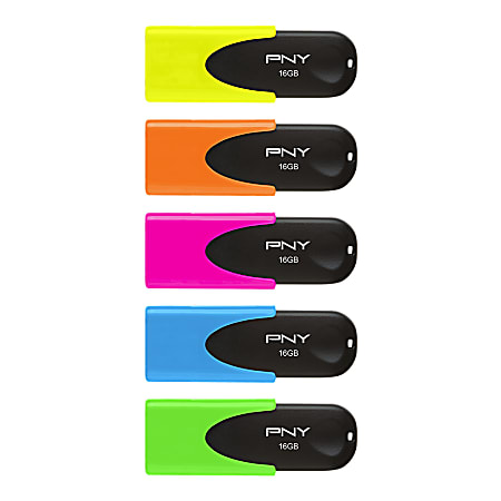 PNY Attaché 4 USB 2.0 Flash Drives, 16GB, Multicolor Neon, Pack Of 5 Drives