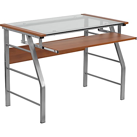 Computer desk with pull out keyboard shelf outlet