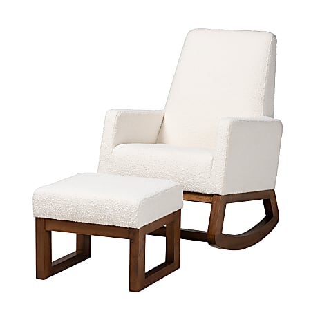 Baxton Studio Yashiya 2-Piece Rocking Accent Chair And Ottoman Set, Wood, Off-White/Walnut Brown