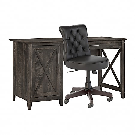 Bush Furniture Key West 54"W Computer Desk With Storage And Mid-Back Tufted Office Chair, Dark Gray Hickory, Standard Delivery