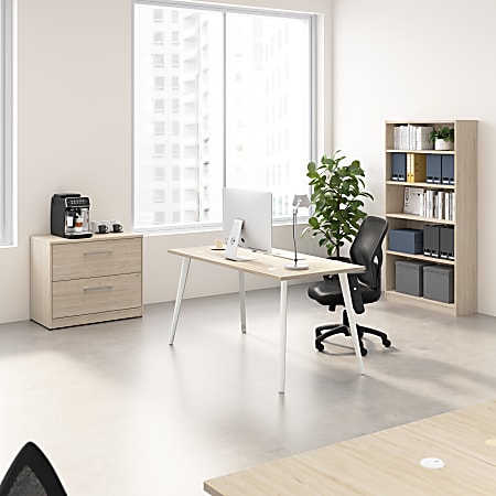 Bush Business Furniture Vista 60"W Desk with Splayed Metal Legs, Lateral File Cabinet, and Bookcase, Natural Elm, Standard Delivery