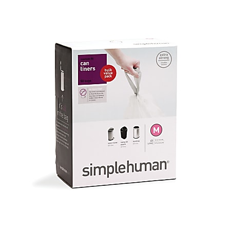 simplehuman® Custom Fit Can Liners, M, 40-50L/10.5-13g, White, Pack Of 50