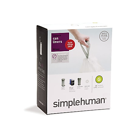 simplehuman® Custom Fit Can Liners, G, 30L/8g, White, Pack Of 50