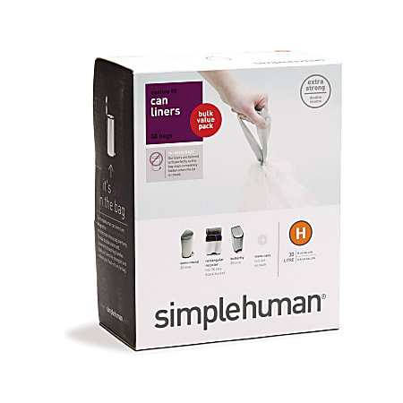 simplehuman® Custom Fit Can Liners, H, 30L/8g, White, Pack Of 50