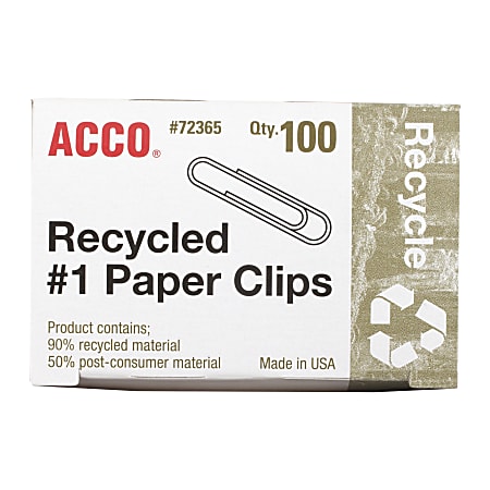 ACCO® Paper Clips, Box Of 100, No. 1, 90% Recycled, Silver