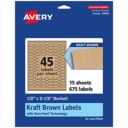 Avery® Kraft Permanent Labels With Sure Feed®, 94749-KMP15, Barbell, 1/2" x 2-1/2", Brown, Pack Of 675