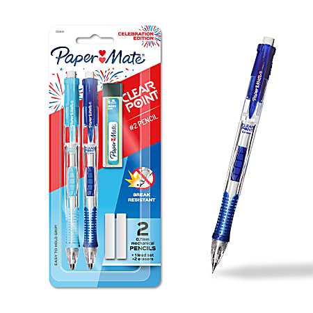 Paper Mate® Clearpoint® Mechanical Pencils, HB #2 Lead (0.7mm), Assorted Barrel Colors, 2 Pencil/1 Lead Refill/2 Eraser, USA 250th Anniversary Edition