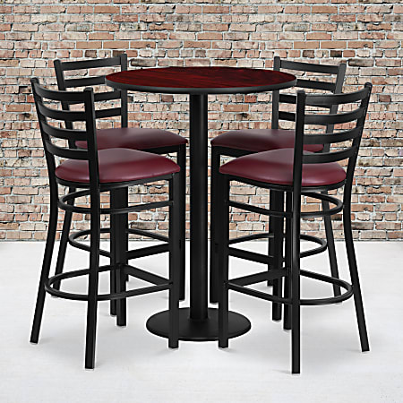 Flash Furniture Round Table And 4 Ladder-Back Bar Stools, 42”H x 30”W x 30”D, Mahogany/Burgundy