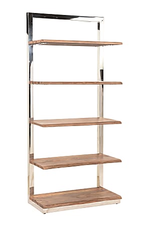 Coast to Coast Flannery Modern Solid Wood 75"H 5-Shelf Bookcase/Etagere, Brownstone/Stainless Steel