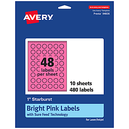 Avery® Print-To-The-Edge Labels With Sure Feed® Technology, 94606-BPP10, Starburst, 1", Matte Bright Pink, Pack of 480