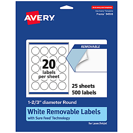 Avery® Removable Labels With Sure Feed®, 94508-RMP25, Round, 1-2/3" Diameter, White, Pack Of 500 Labels