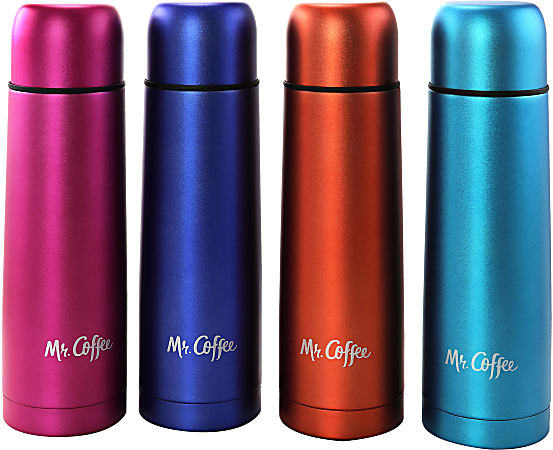 Mr. Coffee Luster Javelin Thermal Travel Bottles, 16 Oz, Orange/Pink/Purple/Blue, Set Of 4 Bottles