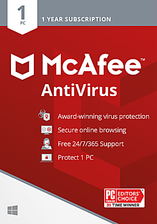 McAfee® AntiVirus, For 1 PC, Antivirus Internet Security Software, 1-Year Subscription, Product Key