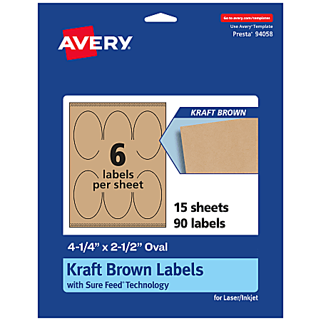 Avery® Kraft Permanent Labels With Sure Feed®, 94058-KMP15, Oval, 4-1/4" x 2-1/2", Brown, Pack Of 90