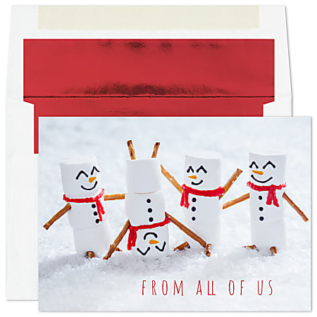 Custom Full-Color Holiday Greeting Cards With Foil-Lined Envelopes, 7-7/8" x 5-5/8", Merry Marshmallow Snowmen/Red-Lined Envelopes, Box Of 25