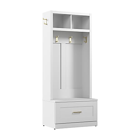 Bush Furniture Hampton Heights Entryway Storage Set With 30"W Hall Tree And Shoe Bench With Drawer, White, Standard Delivery