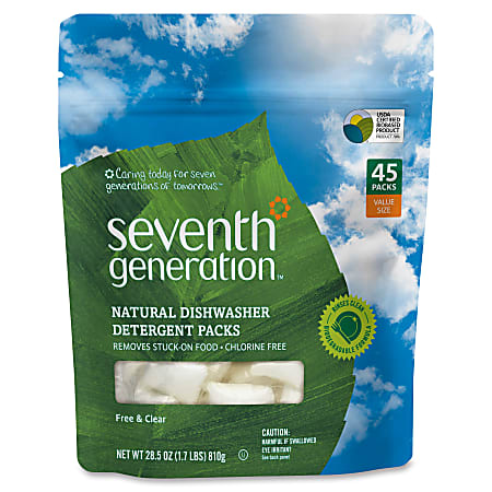 Seventh Generation Dishwasher Detergent - For Ceramic, Enamel, Glass, Stainless Steel, Plastic - 27.20 oz (1.70 lb) - Free & Clear Scent - 45 / Packet - 1 / Pack - Hypoallergenic, Phosphate-free, Chlorine-free, Dye-free, Fragrance-free, Bio-based - Clear