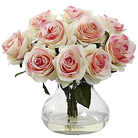 Nearly Natural Rose 11”H Plastic Floral Arrangement With Vase, 11”H x 11”W x 11”D, Light Pink