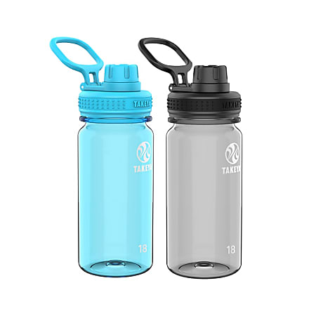 Takeya Tritan Spout Water Bottles, 18 oz, Breezy Blue/Stormy Black, Set of 2 Bottles