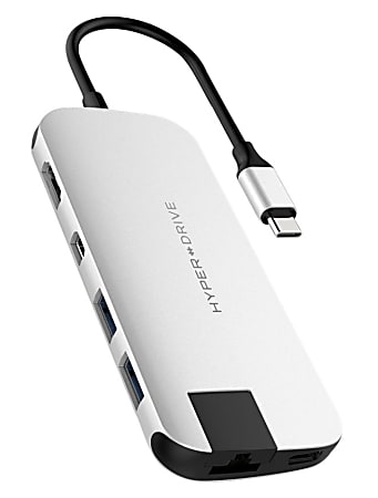 Targus® Sanho Hyperdrive SLIM 8-in-1 USB-C Hub, 3/8"H x 1-15/16"W x 10-5/16"D, Silver, HD247B-SILVER