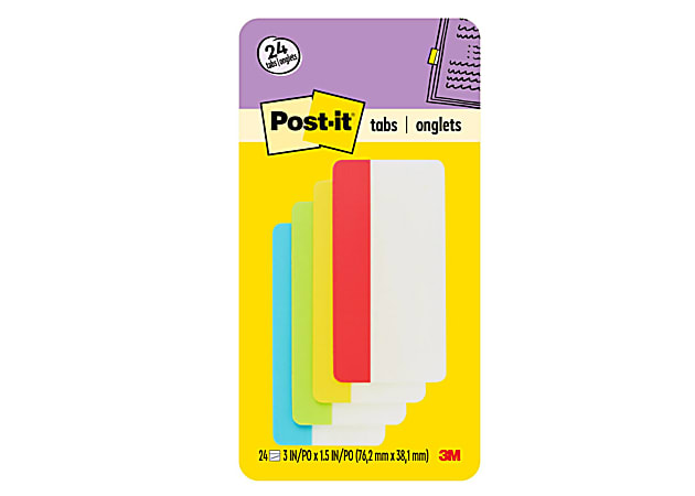 Post-it® Notes Durable Filing Tabs, 3" x 1-1/2", Assorted Colors, 6 Flags Per Pad, Pack Of 4 Pads