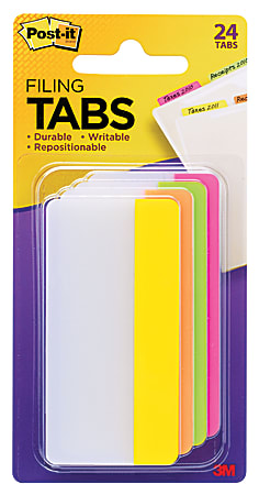Post-it® Durable Tabs, 3" x 1 1/2", Assorted Colors, 6 Flags Per Pad, Pack Of 4 Pads