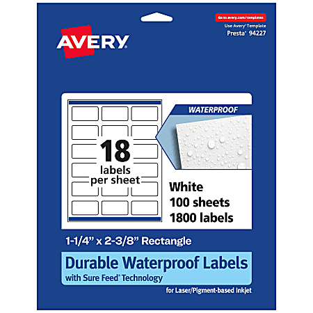 Avery® Waterproof Permanent Labels With Sure Feed®, 94227-WMF100, Rectangle, 1-1/4" x 2-3/8", White, Pack Of 1,800