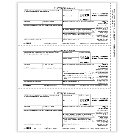 ComplyRight™ 1099-S Tax Forms, 3-Up, Transfer or Copy B, Laser, 8-1/2" x 11", Pack Of 150 Forms