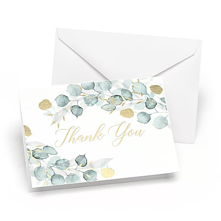 Custom Thank You Cards With Envelopes, 4-7/8" x 3-1/2", Green And Gold Eucalyptus, Box Of 24 Cards