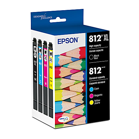 Epson® 812XL Black/812 DuraBrite® Cyan; Magenta; Yellow Ultra High-Yield/Standard Yield Ink Cartridges, Pack Of 4, T812XL-BCS