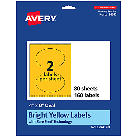 Avery® Print-To-The-Edge Labels With Sure Feed® Technology, 94057-BYP80, Oval, 4" x 6", Matte Bright Yellow, Pack of 160