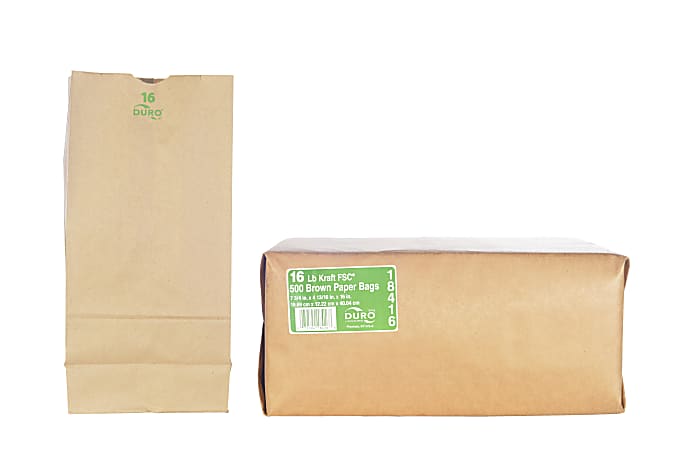 Duro Bag #16 Kraft Lunch Bags, 7 3/4"H x 4 13/16"W x 16"D, Kraft, Pack Of 500
