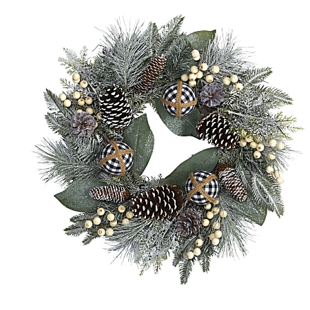 Nearly Natural Snow-Tipped Holiday 24"H Artificial Wreath With Berries, Pine Cones and Ornaments, 24" x 5", Green