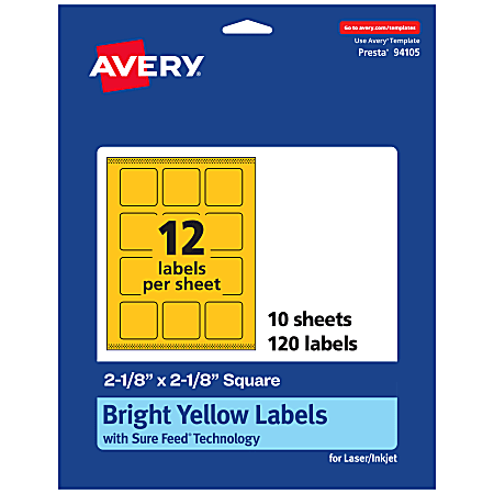 Avery® Print-To-The-Edge Labels With Sure Feed® Technology And Easy Peel®, 94105-BYP10, Square, 2-1/8" x 2-1/8", Matte Bright Yellow, Pack of 120