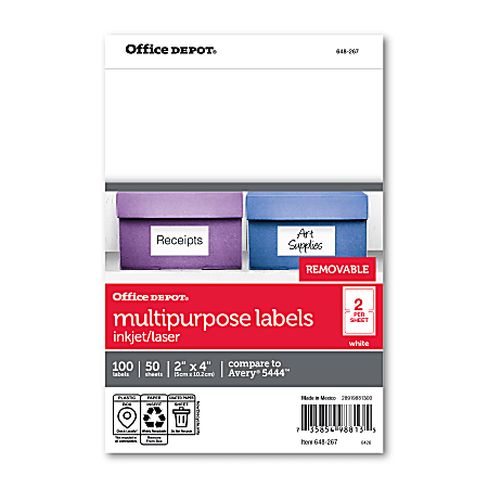 Office Depot&reg; Brand Removable Inkjet/Laser Labels, OD98813, Rectangle, 4" x 2", White, Pack Of 100