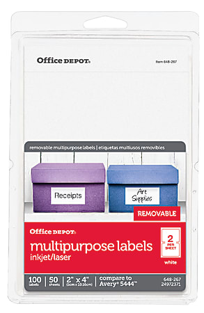 Office Depot® Brand Removable Inkjet/Laser Labels, OD98813, Rectangle, 4" x 2", White, Pack Of 100