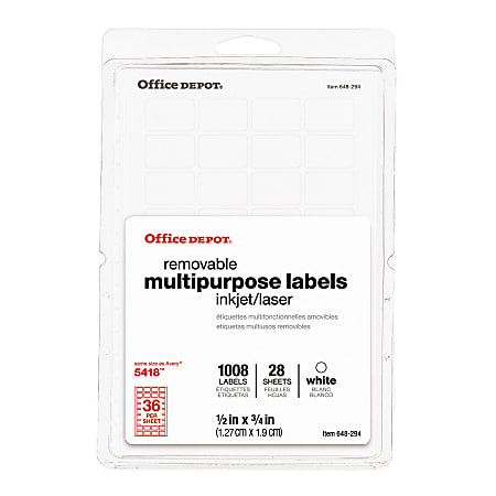 Office Depot® Brand Removable Inkjet/Laser Labels, 735854019044, 1/2" x 3/4", White, Pack Of 1,008