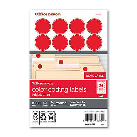 Office Depot&reg; Brand Removable Round Color-Coding Labels, OD98786, 3/4" Diameter, Red, Pack Of 1,008