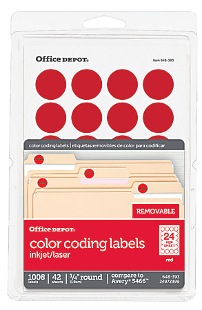 Office Depot® Brand Removable Round Color-Coding Labels, OD98786, 3/4" Diameter, Red, Pack Of 1,008