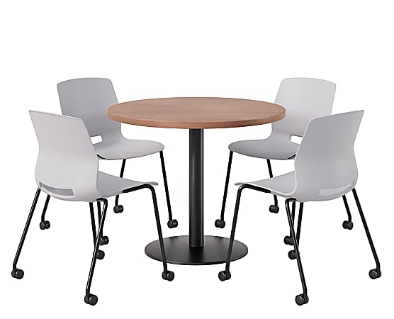 KFI Studios Proof Cafe Round Pedestal Table, Includes 4 Chairs, 29”H x 36”W x 36”D, River Cherry Top/Black Base/Light Gray Chairs - 840031939203