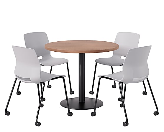 KFI Studios Proof Cafe Round Pedestal Table With Imme Caster Chairs, Includes 4 Chairs, 29”H x 36”W x 36”D, River Cherry Top/Black Base/Light Gray Chairs