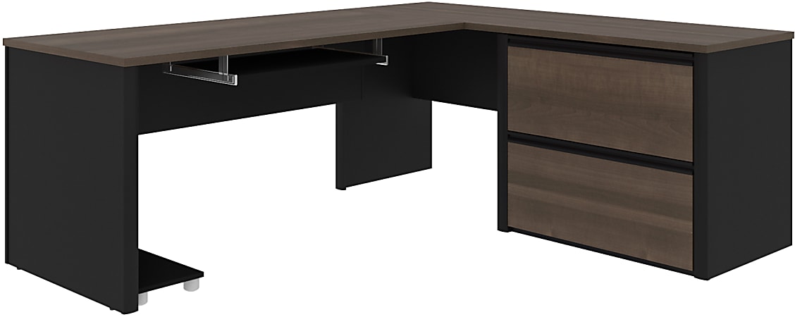 Bestar Connexion 72"W L-Shaped Corner Desk With Lateral File Cabinet, 2 Drawers, Antigua/Black